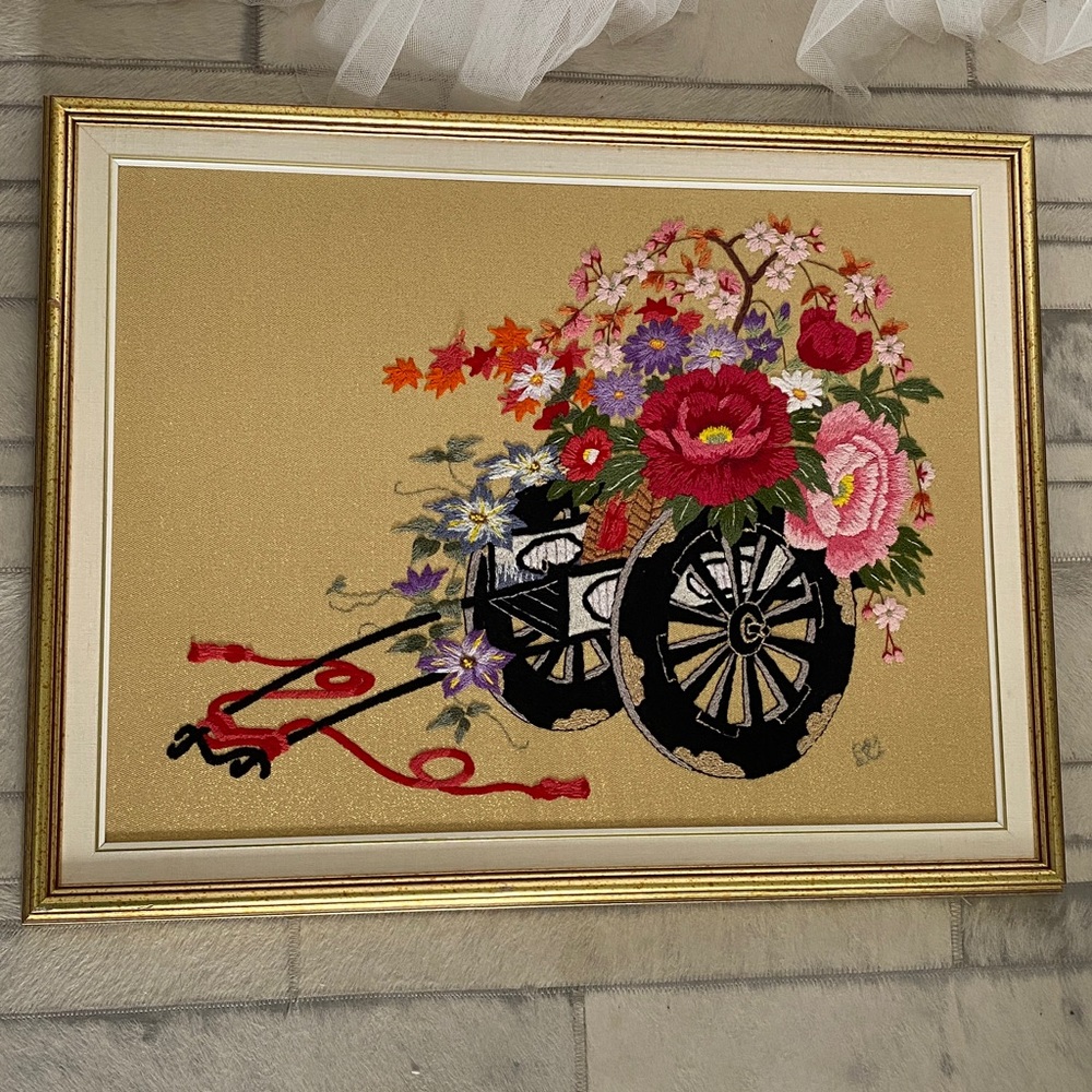 Floral Embroidery/Needle point Art with Gold Fabric Background 22”x 28”